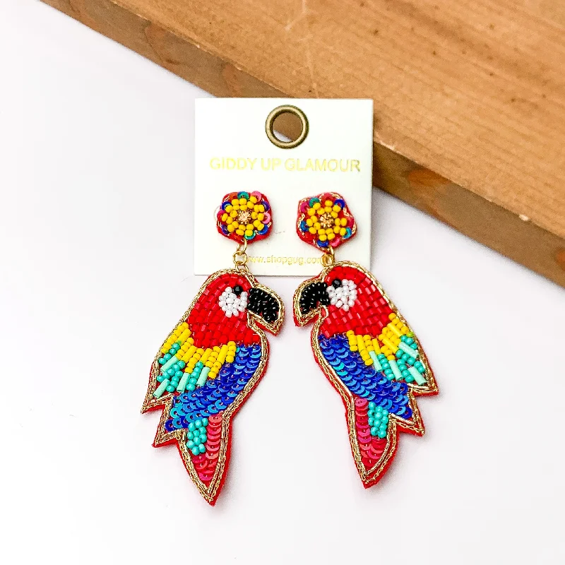 Women’s opal earrings-Beaded Parrot Earrings in Red