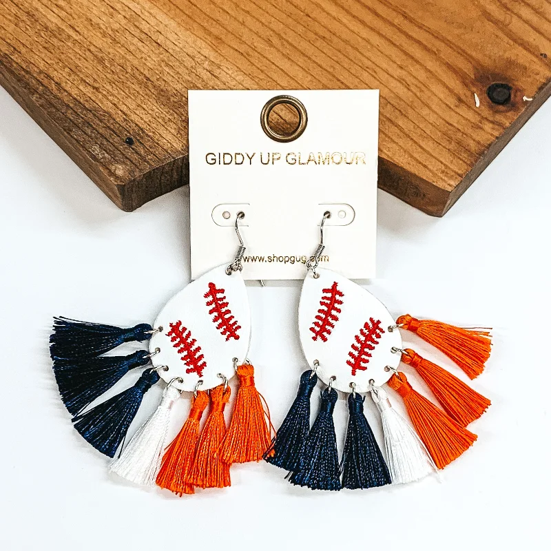 Women’s heart earrings-Teardrop Baseball Earrings with Navy, White, & Orange Tassels