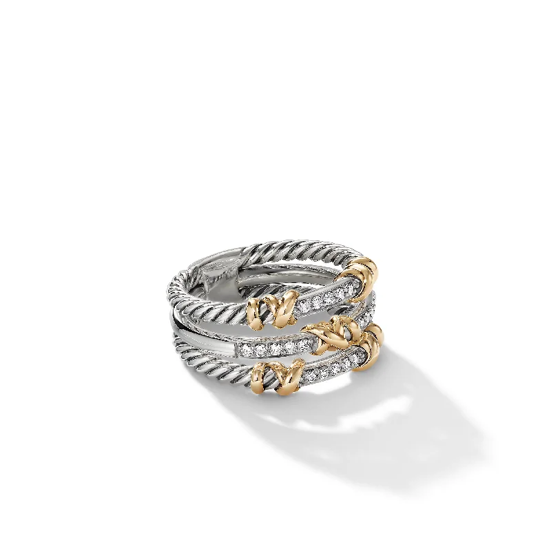 Women’s diamond solitaire rings-Petite Helena Wrap Three Row Ring in Sterling Silver with 18K Yellow Gold and Diamonds\, 12mm