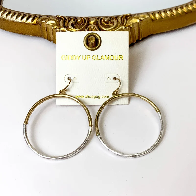 Women’s designer earrings-Fun and Done Two Toned Hammered Textured Circle Drop Earrings in Gold and Silver