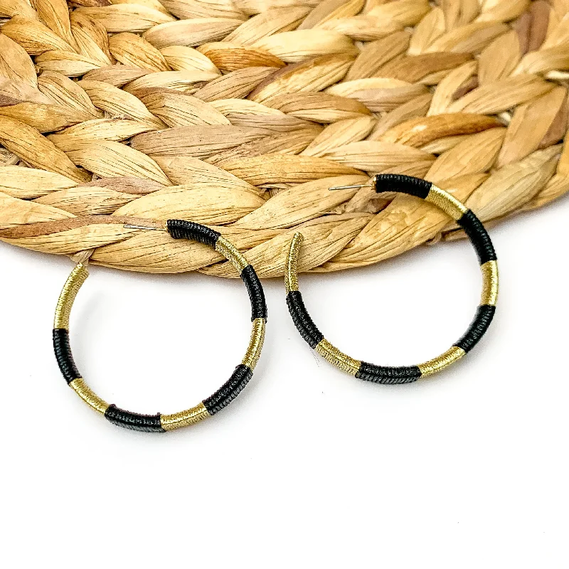 Women’s gold stud earrings-Game Day Glam Colored Hoop Earrings in Black and Gold