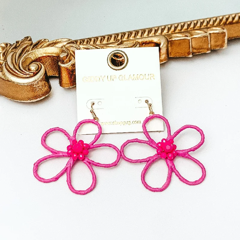 Women’s hoop diamond earrings-Daisy Delight Raffia Wrapped Flower Earrings with Crystal Center in Fuchsia Pink