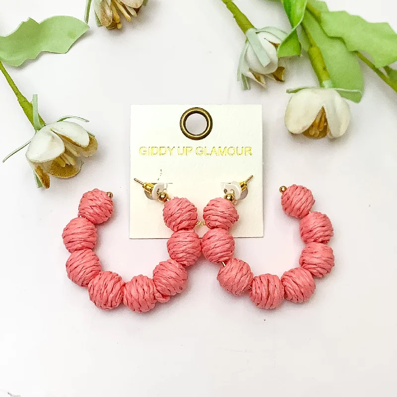 Women’s gemstone earrings-Sorbet Summer Raffia Ball Hoop Earrings in Pink