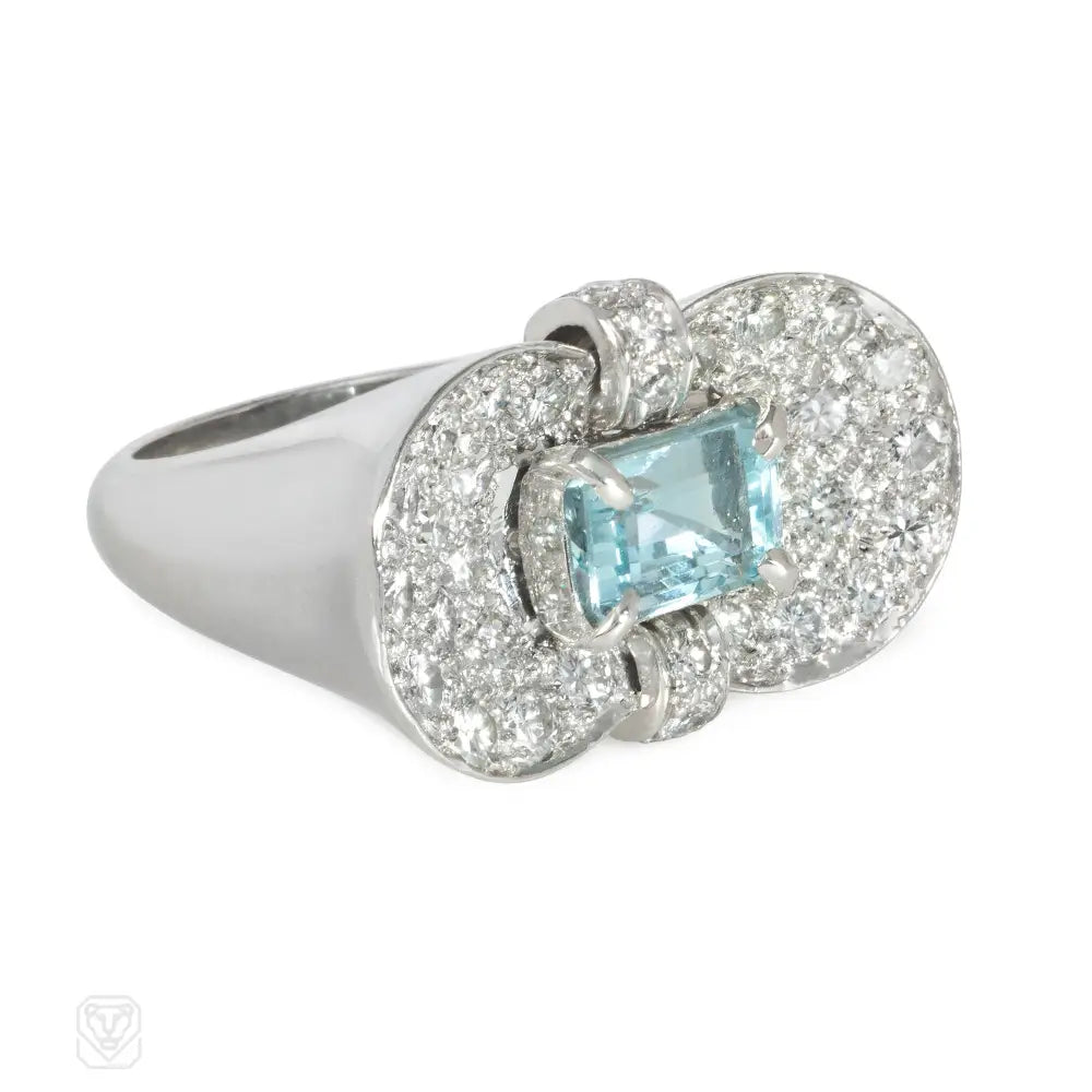 Women’s dainty rings-Retro diamond and aquamarine cocktail ring