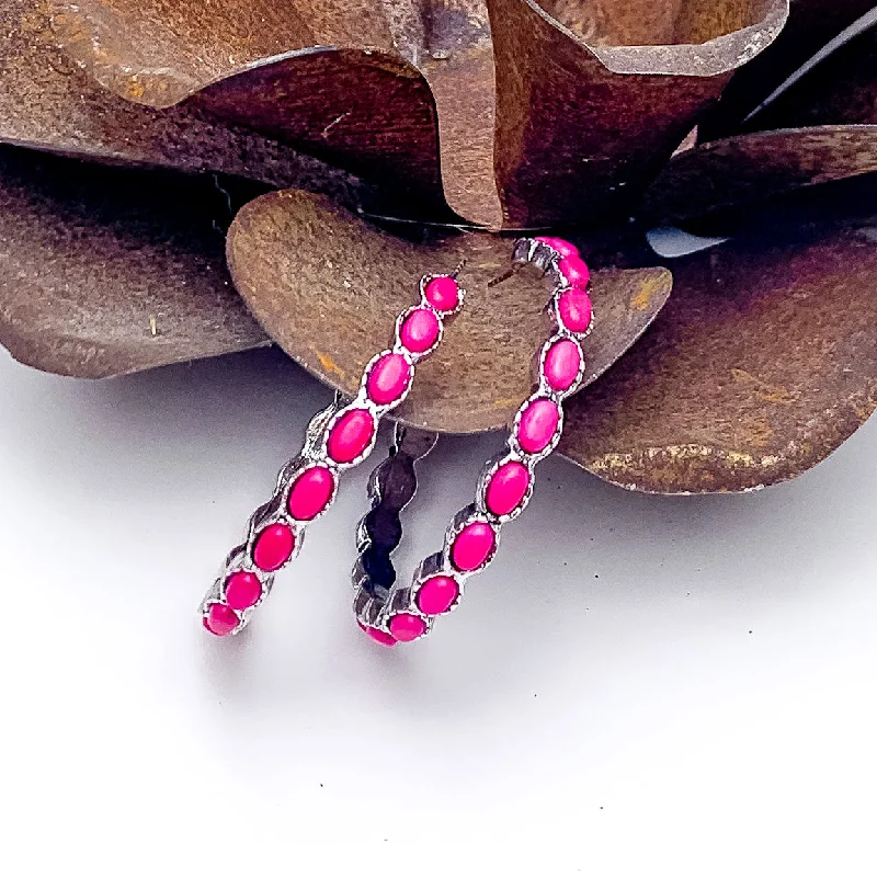 Women’s unique earrings-Silver Hoop Earrings with Fuchsia Pink Stones