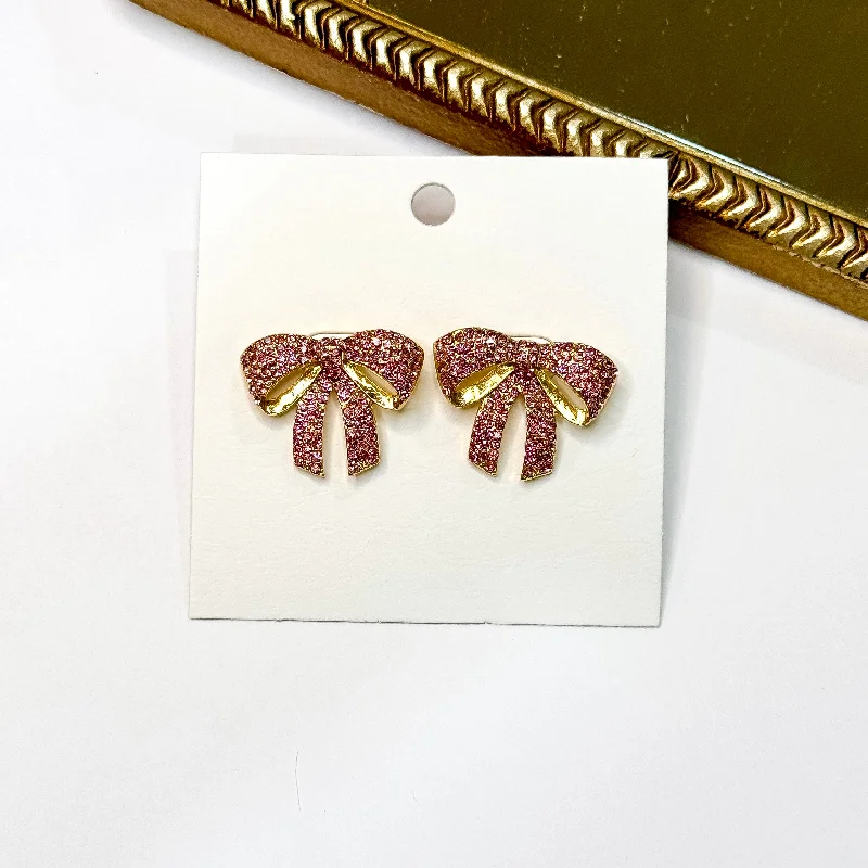 Women’s luxury stud earrings-Twinkling Treasure Gold Tone Pink Rhinestone Bow Stud Earrings