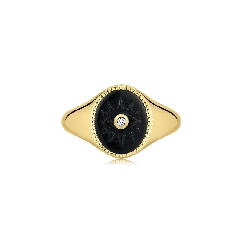 Women’s romantic rings-Evil Eye Signet Ring With Black Turquoise & Cz Center Stone