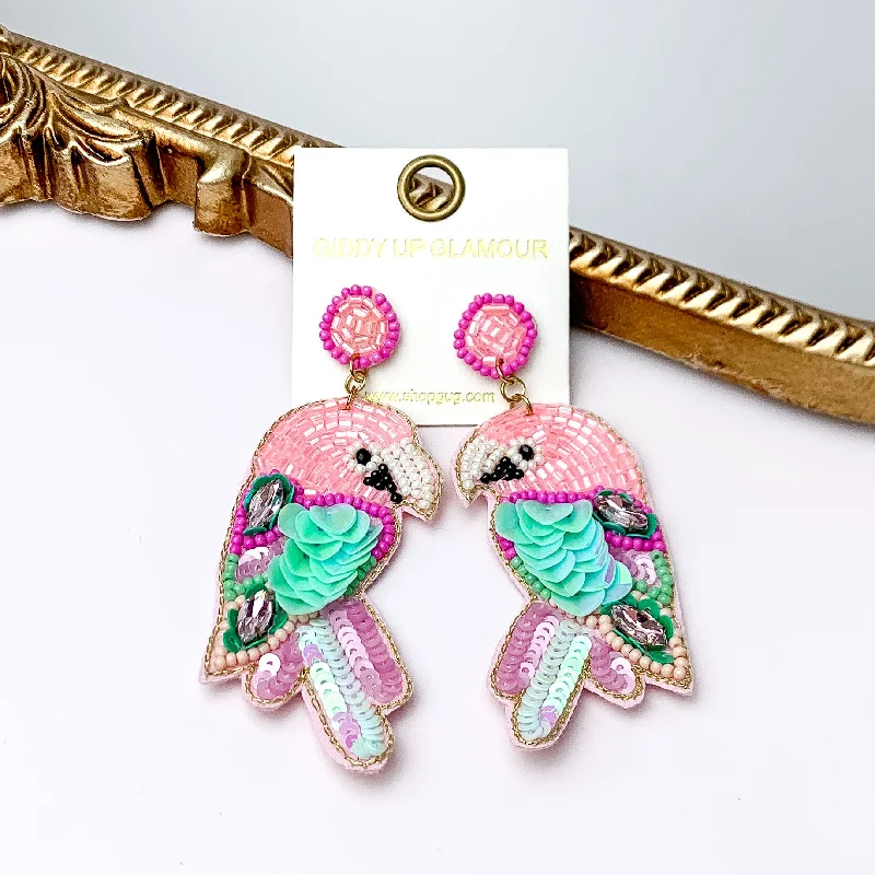 Women’s colorful earrings-Beaded Parrot Earrings in Pink with Two Stones