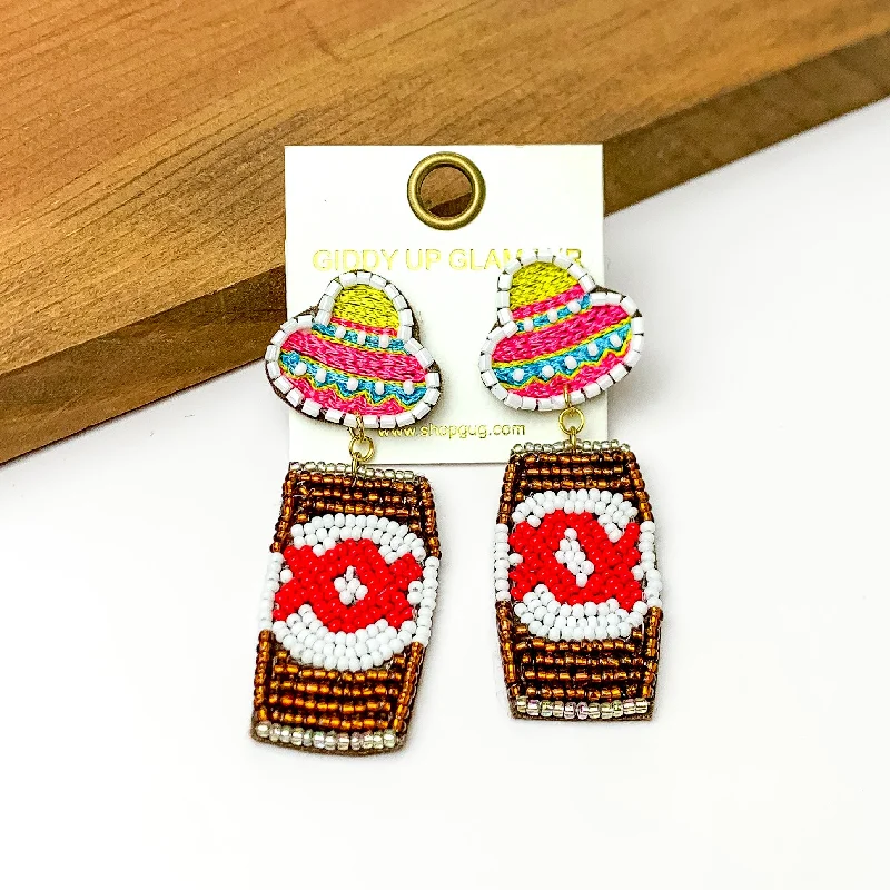 Women’s elegant stud earrings-Beaded Gold Beer Can Earrings with Sombrero Studs