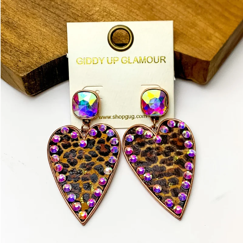 Women’s classic earrings-Cork Leopard Print Heart Earrings with a Rose Gold and AB Stone Border