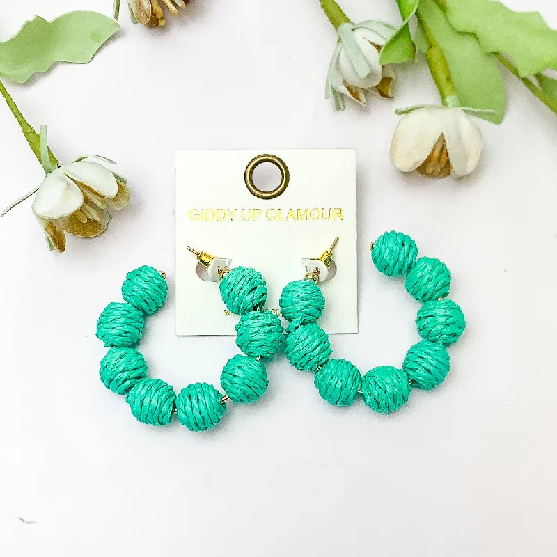 Women’s simple earrings-Sorbet Summer Raffia Ball Hoop Earrings in Turquoise Green