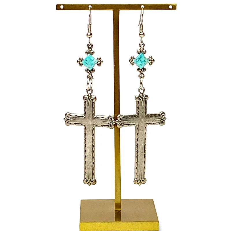 Women’s rose gold earrings-Heavenly Harmony Silver Tone Cross Drop Earrings with Faux Turquoise Accents