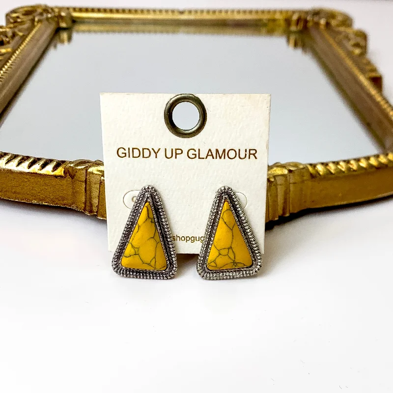 Women’s gold drop earrings-Western Silver Tone Faux Triangle Stone Earrings in Mustard Yellow