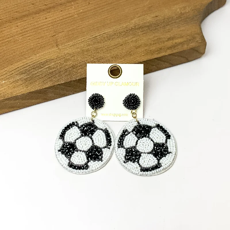 Women’s simple earrings-Soccer Ball Circular Beaded Earrings in White