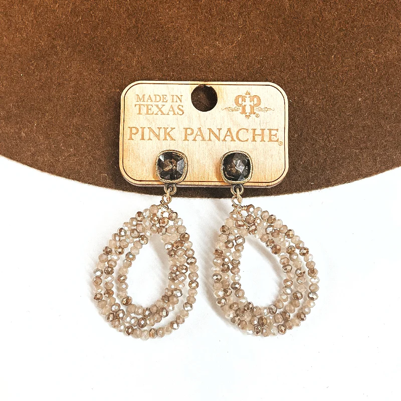 Women’s gold earrings-Pink Panache | Light Colorado Ignite Cushion Cut Post Earrings with Triple Layered Teardrop in Cream Mix