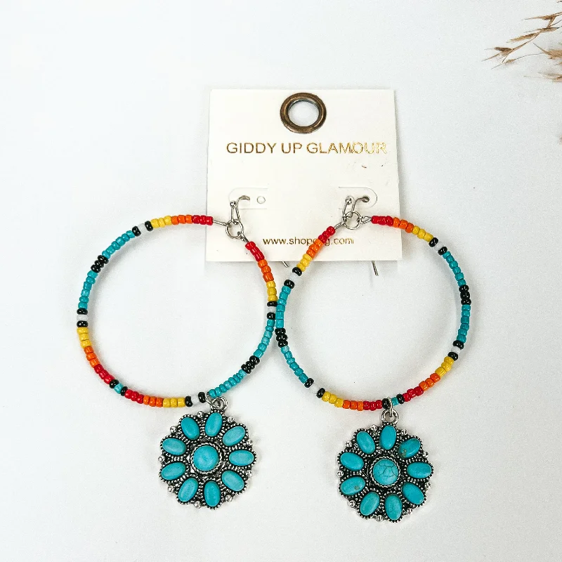 Women’s floral earrings-Multicolored Seed Beaded Circle drop Earrings with Turquoise Cluster Pendant