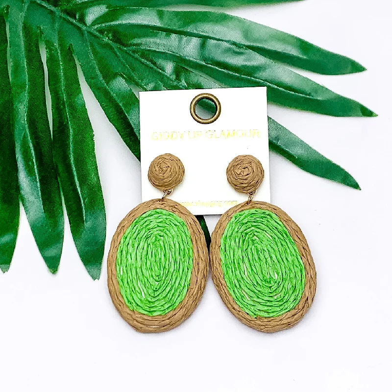 Women’s chic earrings-Brunch Bash Raffia Wrapped Oval Earrings in Light Green