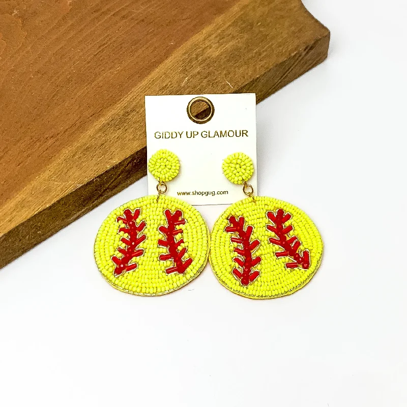 Women’s gold drop earrings-Softball Circular Beaded Earrings in Yellow