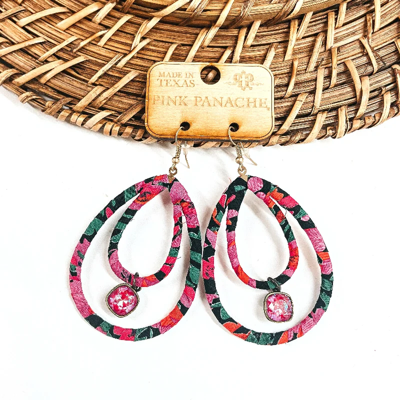 Women’s artistic gold earrings-Pink Panache | Floral Print Layered Teardrop Earrings with Royal Red Delight Cushion Cut Charm