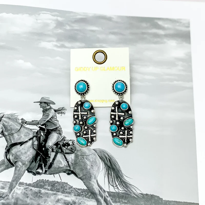 Women’s hoop gold earrings-Western Silver Tone Designed Oval Earrings With Turquoise Stones