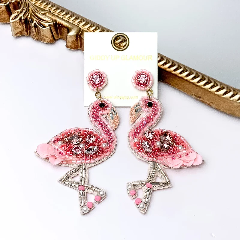 Women’s gold drop earrings-Light Pink Beaded Flamingo Earrings with Pink Stones