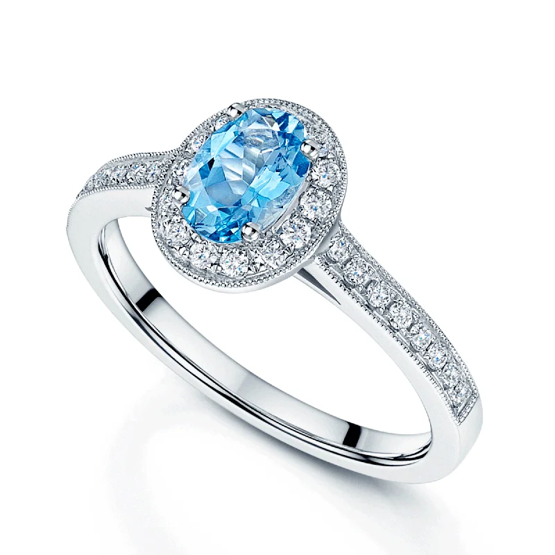 Women’s wedding rings set-18ct White Gold Oval Aquamarine with Grain Set Diamond Halo & Shoulders Ring