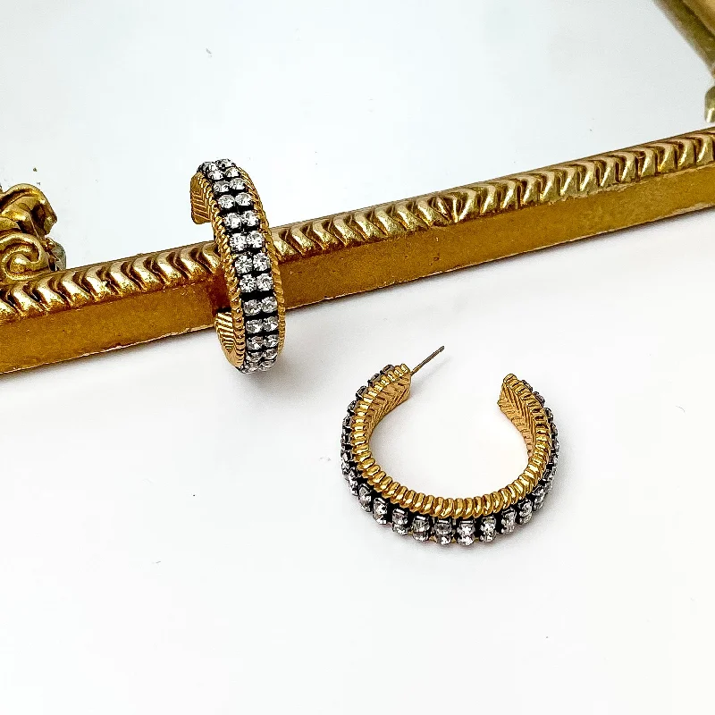 Women’s pearl stud earrings-Clear Crystal Inlay and Gold Tone Hoop Earrings with Black Setting