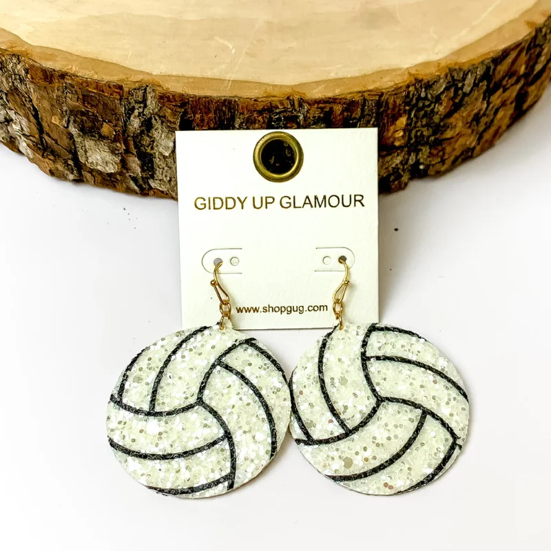 Women’s handmade earrings-Circle Drop Glitter Volleyball Earrings in White