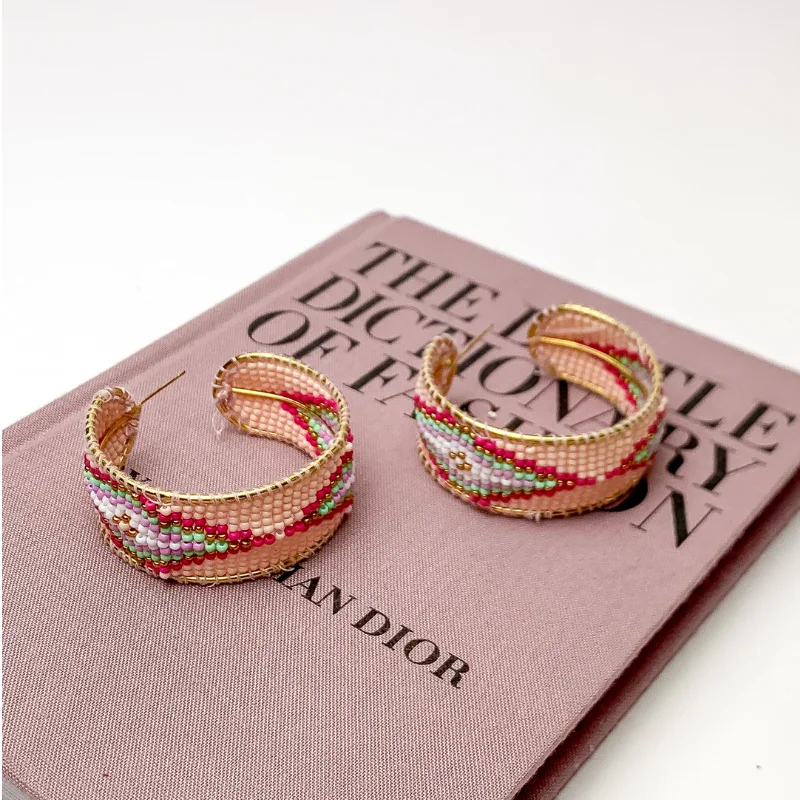 Women’s gemstone stud earrings-Aztec Design Beaded Hoop Earrings in Blush Pink