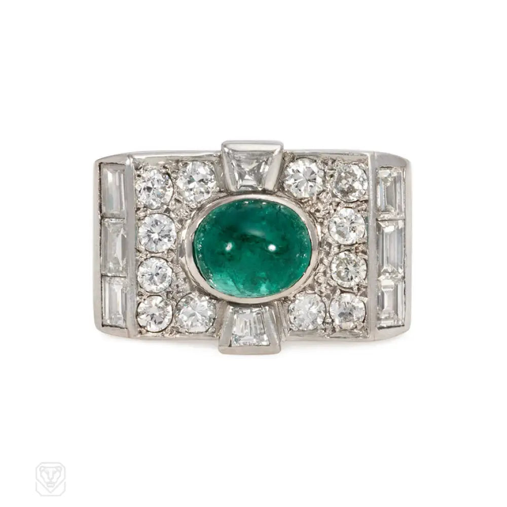 Women’s custom engagement rings-Art Deco diamond and emerald plaque ring