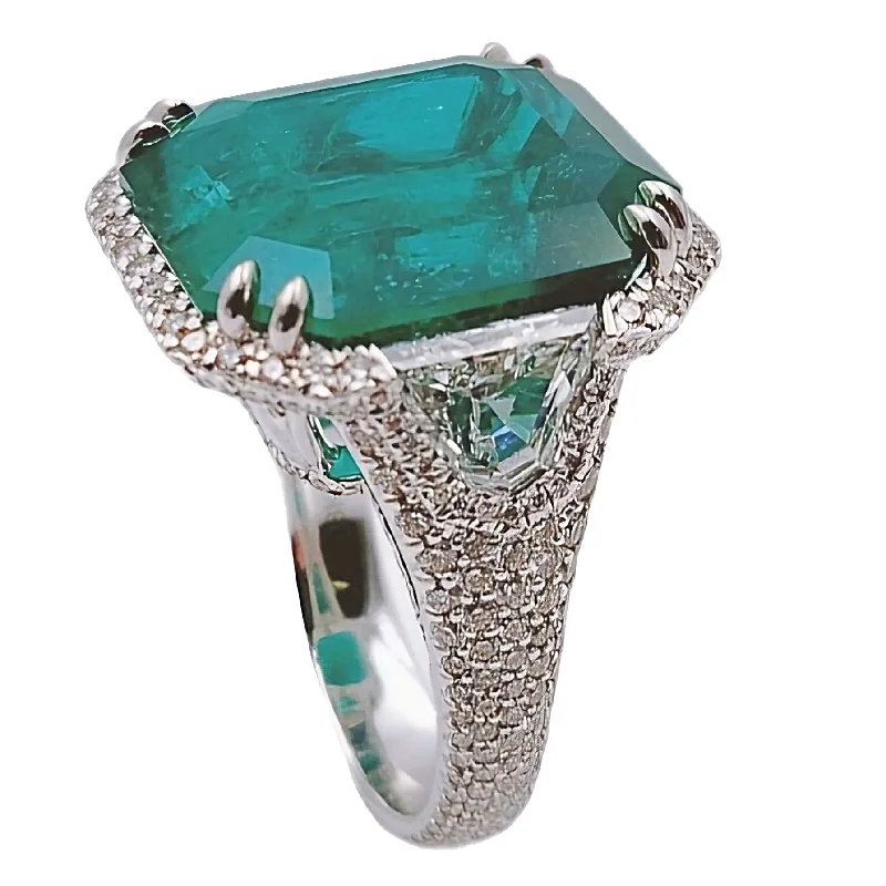 Women’s custom engagement rings-16.81 Carat GIA Certified Colombian Emerald 18K White Gold Ring with VS / F Side Stone.