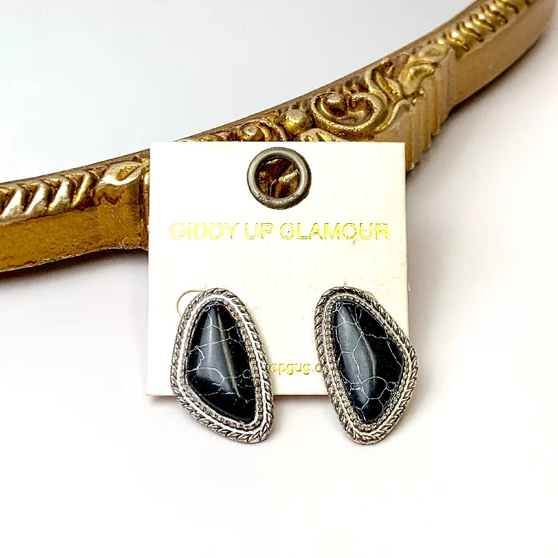 Women’s flower drop earrings-Silver Tone Irregular Shaped Faux Stone Post Earrings in Black