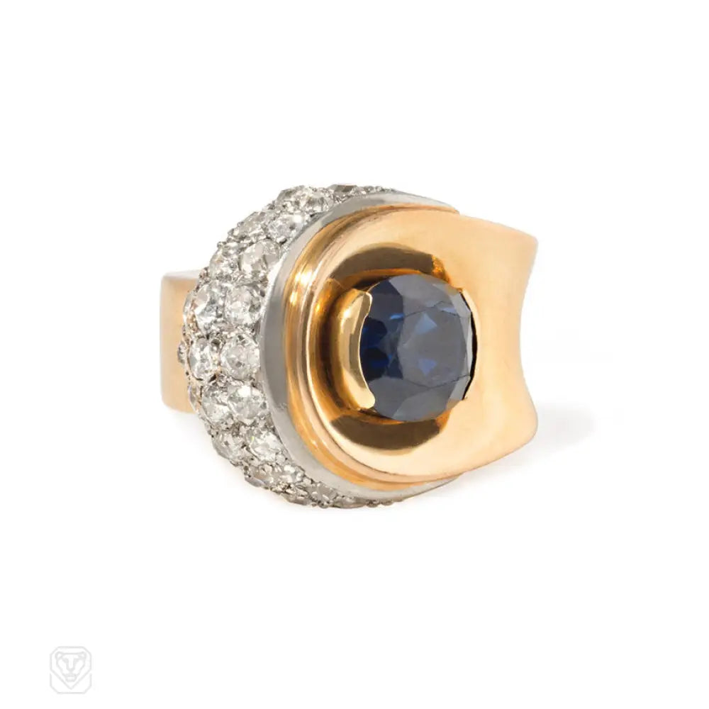 Women’s designer rings-Retro sapphire and diamond lozenge ring, France