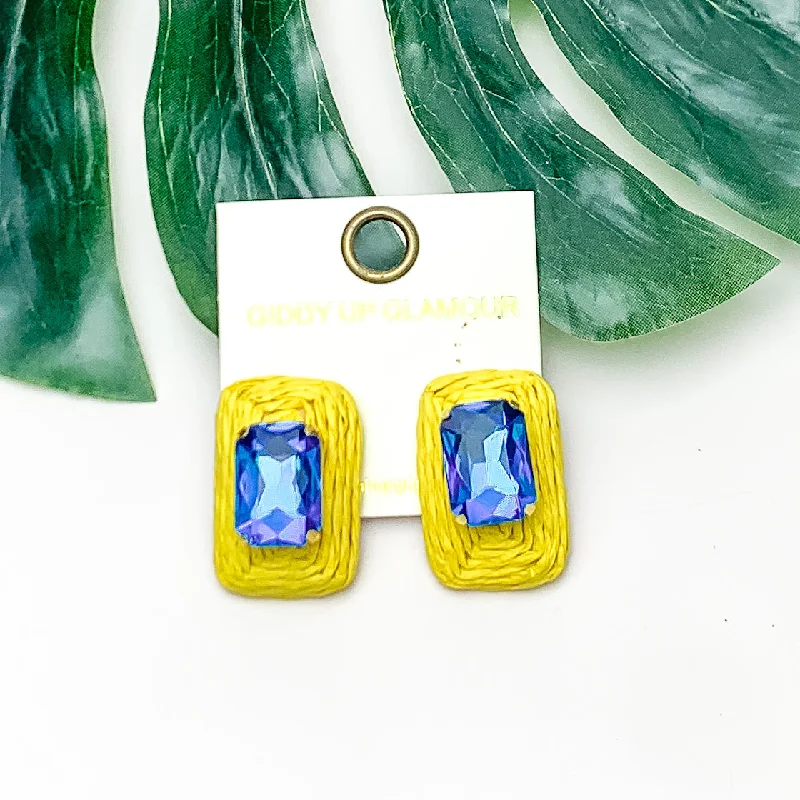 Women’s minimalist earrings-Truly Tropical Raffia Rectangle Earrings in Yellow With Blue Crystal