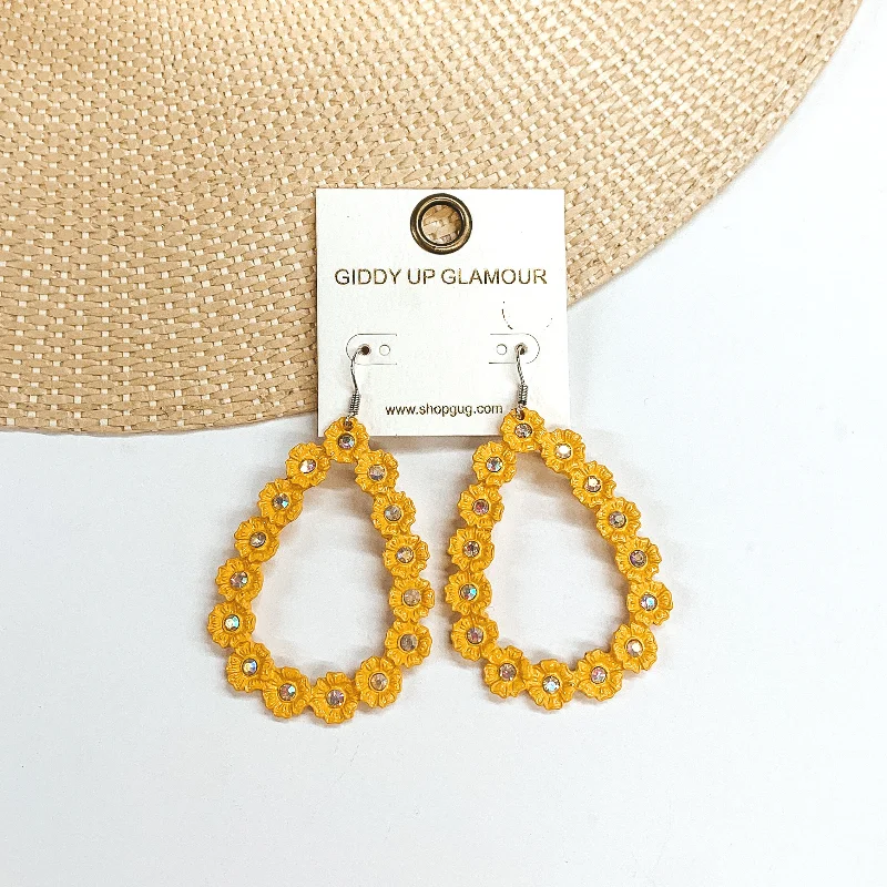 Women’s fashion earrings-Flower Detailed Open Teardrop Earrings with AB Crystals in Mustard Yellow