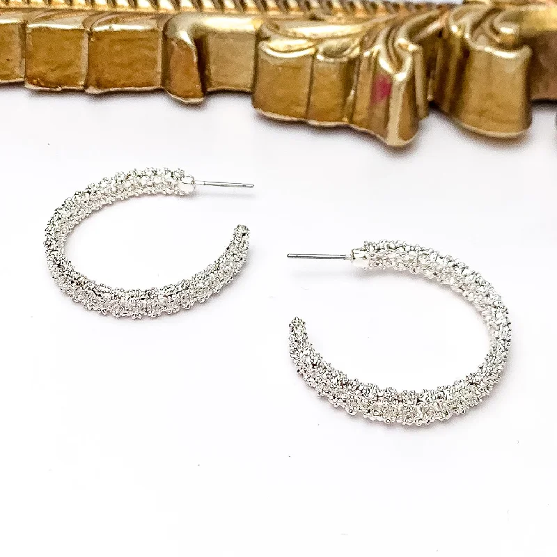 Women’s rhinestone earrings-Worry Free Medium Silver Tone Textured Hoop Earrings