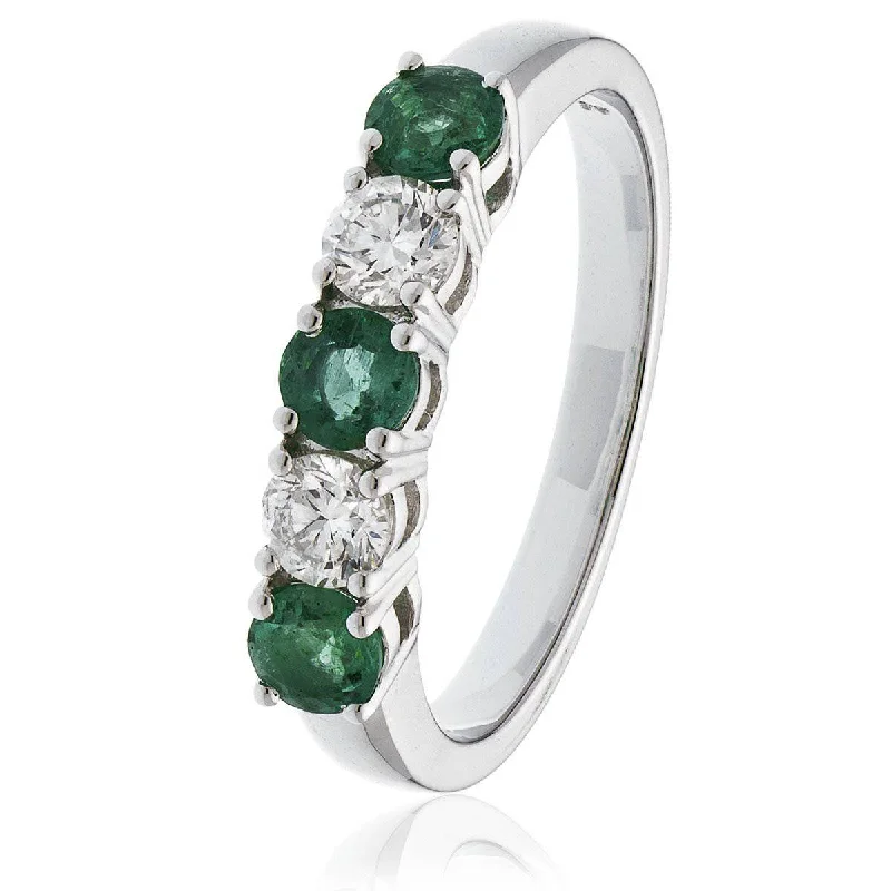 Women’s romantic rings-Diamond and Emerald Five Stone Ring in High Bar Setting