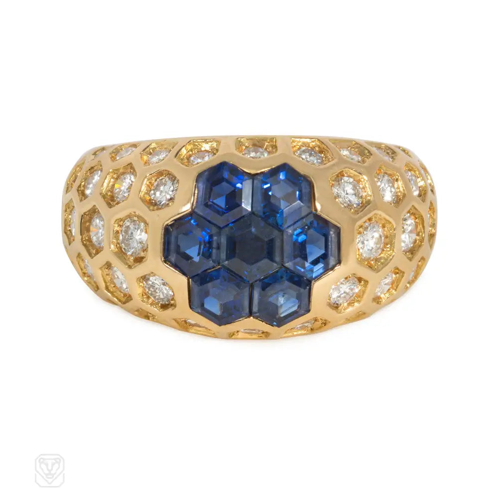 Women’s sapphire rings-French sapphire and diamond honeycomb ring