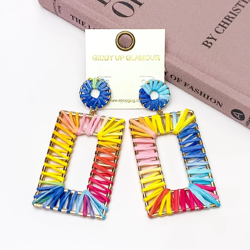 Women’s gold hoop earrings-Rainbow Sunshine Raffia Wrapped Open Rectangle Earrings in Multicolor