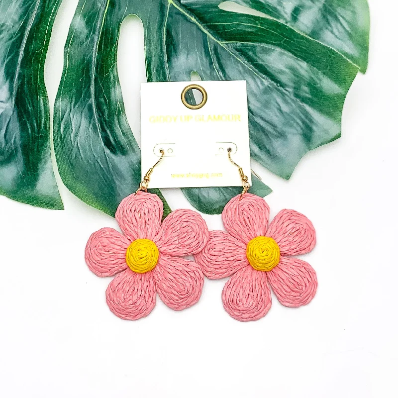 Women’s statement stud earrings-Darling Daisy Raffia Wrapped Flower Earrings in Pink