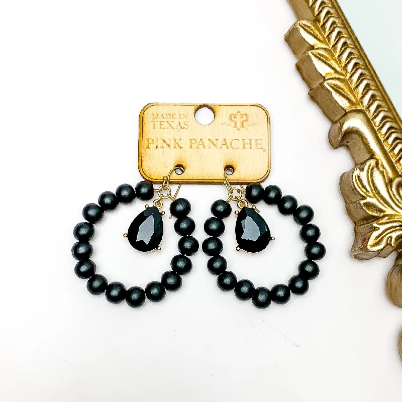 Women’s artistic gold earrings-Pink Panache | Black Beaded Circle Drop Earrings with Black Teardrop Crystal Drop