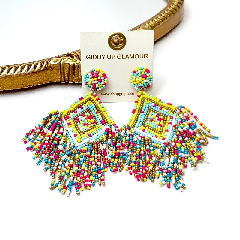 Women’s dangling earrings-Diamond Shaped Seed Bead Earrings with Seed Bead Tassel Fringe in Multicolor