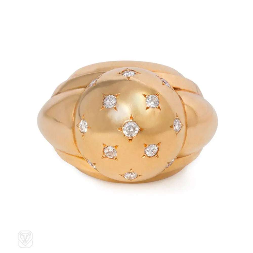 Women’s luxury engagement rings-Retro gold domed ring with diamonds