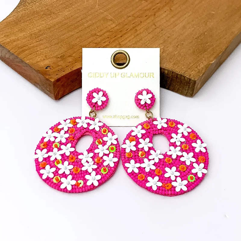 Women’s multi-stone earrings-Fuchsia Pink Beaded Circular Drop Earrings with Floral Designs