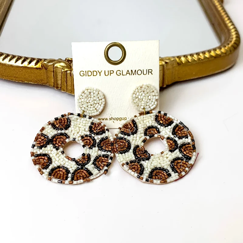 Women’s stud earrings-Seed Beaded Leopard Print Circle Drop Earrings in White