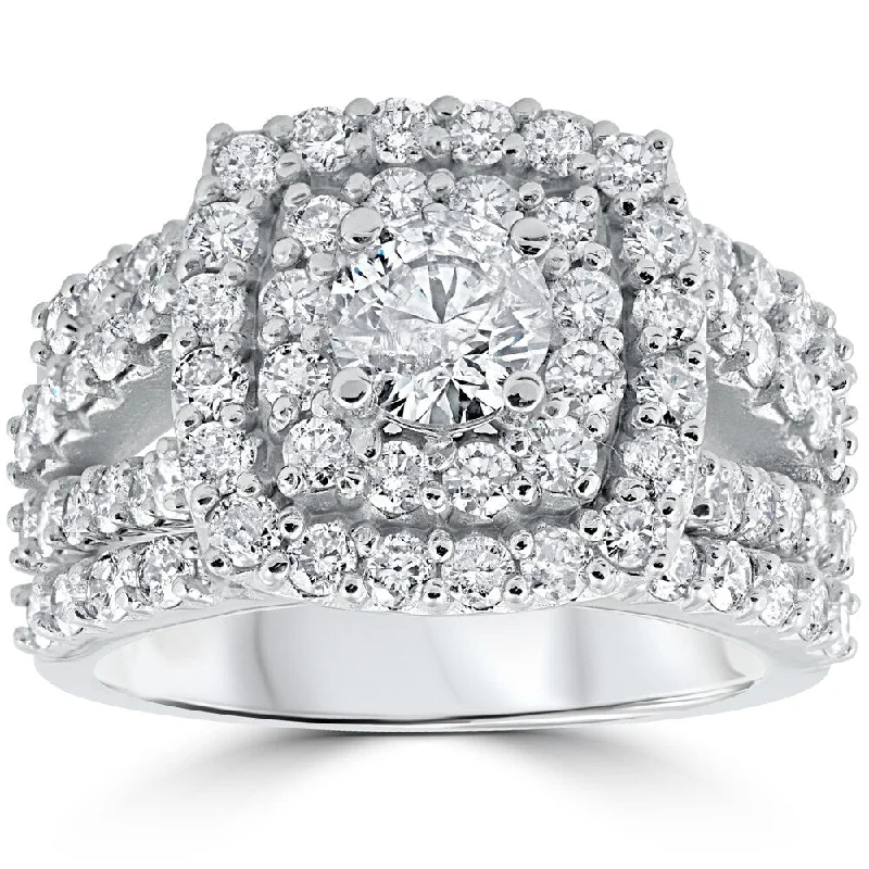 Women’s banded engagement rings-10k White Gold 3ct TDW Cushion Halo Diamond Engagement Ring Set