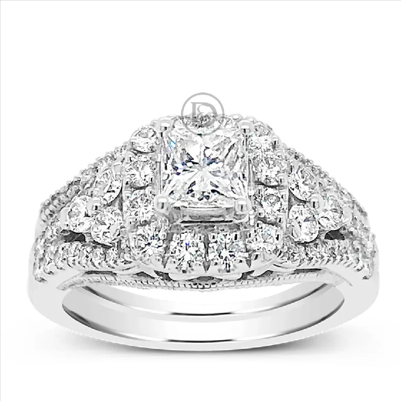 Women’s halo ring engagement rings-Diamond Halo Engagement Ring 1 5/8 CTW Princess Cut center w/Round Cut 14K White Gold