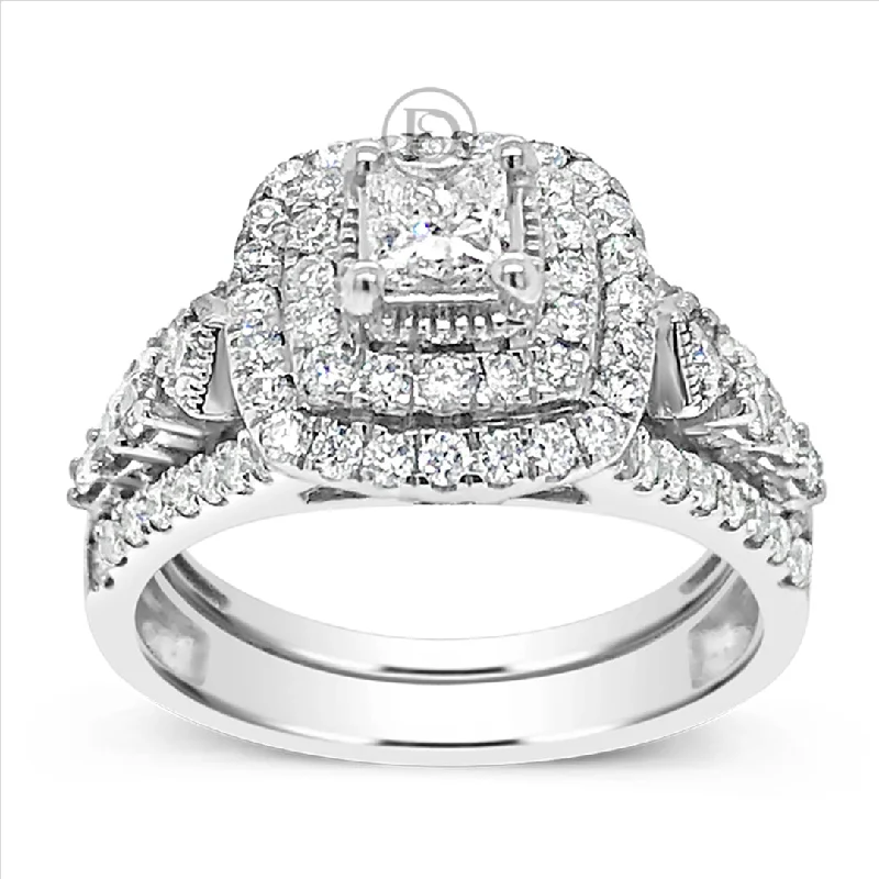 Women’s engagement rings with sapphires-Diamond Halo Engagement Ring 1.50 CTW Princess Cut Center w/Round Cut 14K White Gold