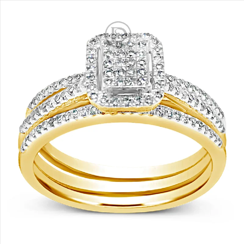 Women’s solitaire engagement rings with a twist-3 Band Diamond Halo Engagement Ring .33 CTW Round Cut 10K Yellow Gold