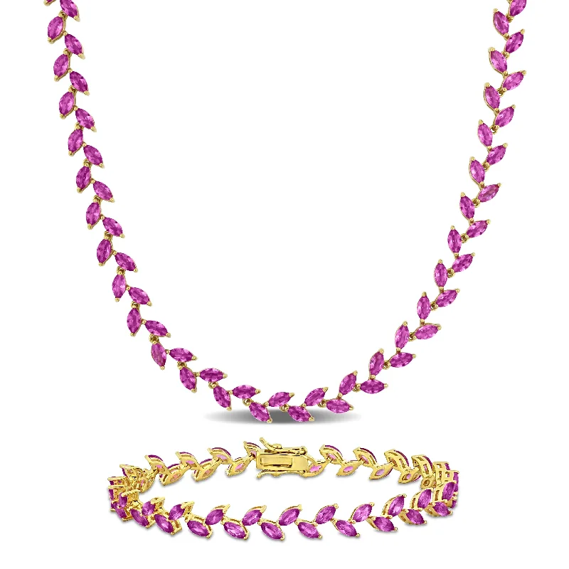 Women’s luxury tennis bracelets-Women’s luxury tennis bracelets-Miadora 41 1/2ct TGW Created Pink Sapphire Leaf Necklace and Bracelet Set Yellow Plated Sterling Silver